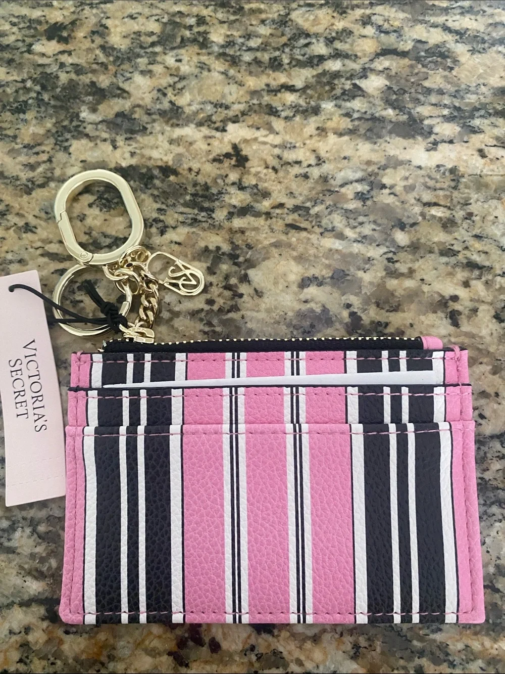Victoria's Secret Pink, Black & White Striped Cardholder w bag clip Keychain NWT